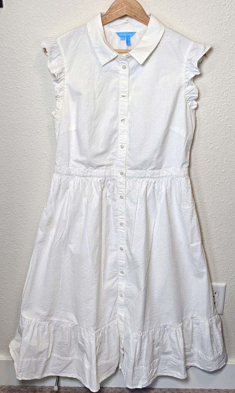 Draper James White Midi Shirt Dress Button Front Ruffle Pockets Collared Size 10